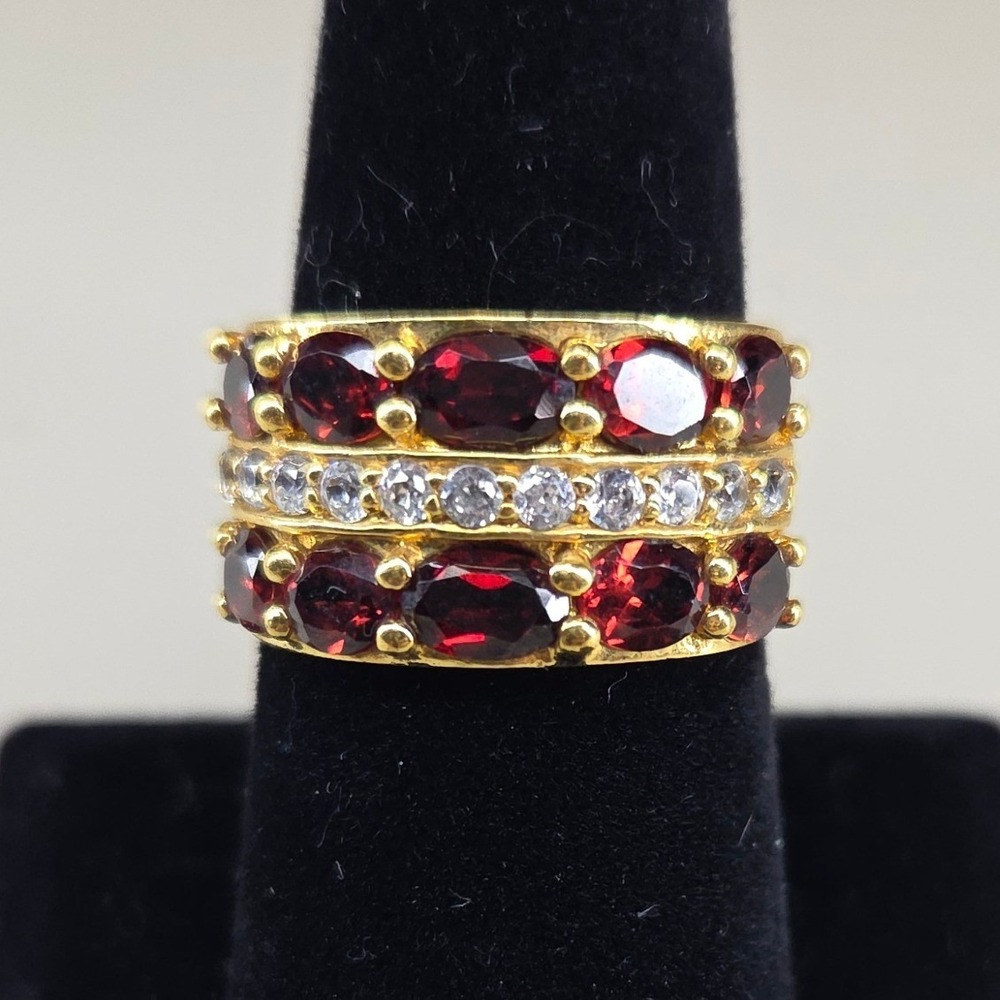 Gold Tone Red Faux Garnet and Crystal Three Row Statement Band Ring Size 8.5